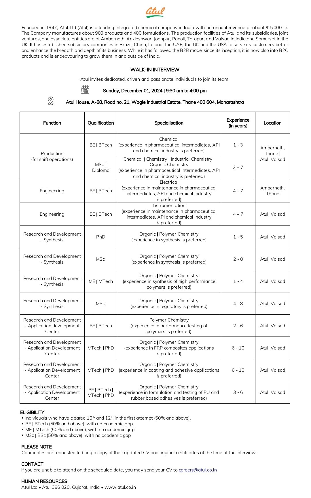 Atul ltd walk in interview 2024 For Chemical, Instrumentation, Electrical And Others