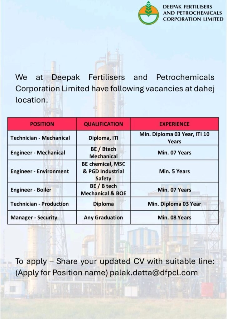 Deepak Fertiliser Hiring For Various Post