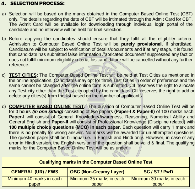Coal India Limited Various Post Recruitment 2025 Selection Process